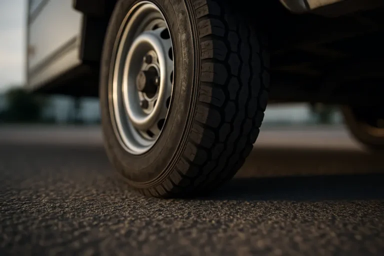 Close-up macro photo of a single car tire under a vehicle with caravan load, showing detailed rubber tread and contact with asphalt surface, with a blurred road background.