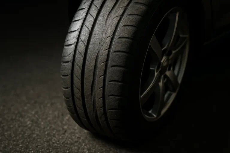 Macro photo of a single car tire mounted on a vehicle, photographed from the side with slight top angle, showing detailed tread texture in contact with asphalt, highlighting subtle rubber deformation suggesting grip loss.