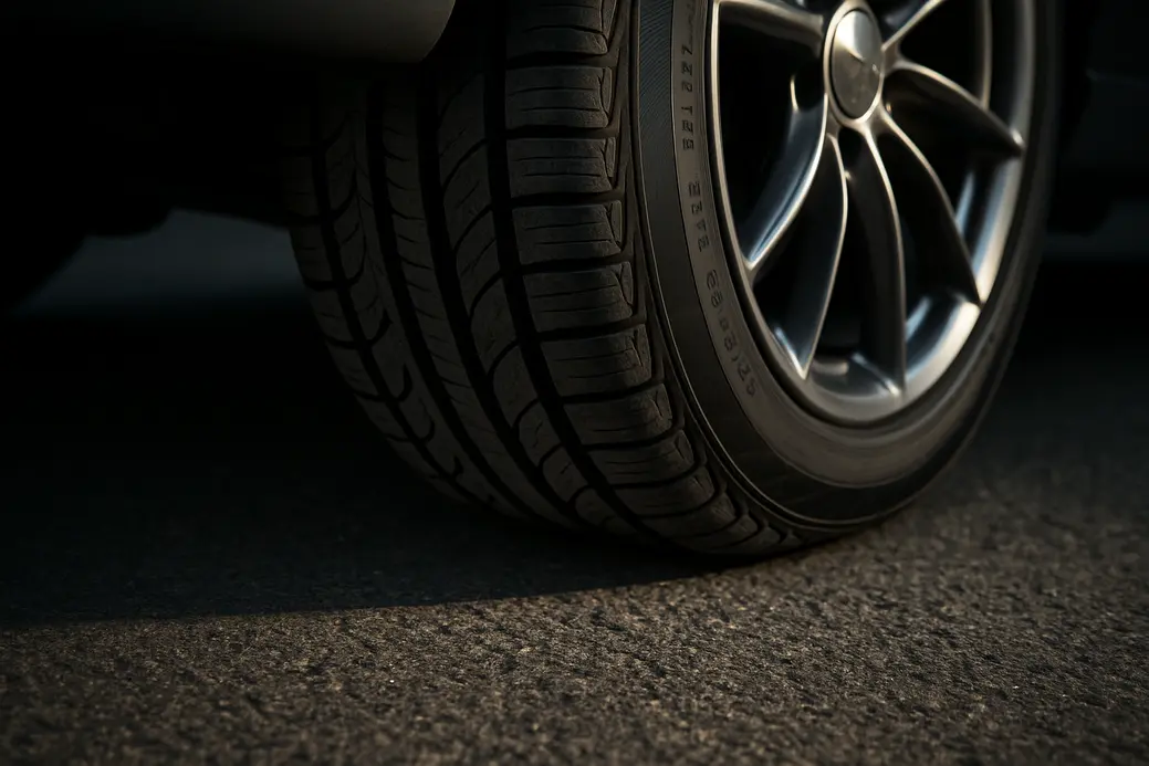 Close-up photo of a single 235/45 r18 car tire mounted on a car, showing detailed rubber tread texture and contact patch with coarse asphalt, partial car suspension and rim visible in sharp focus.