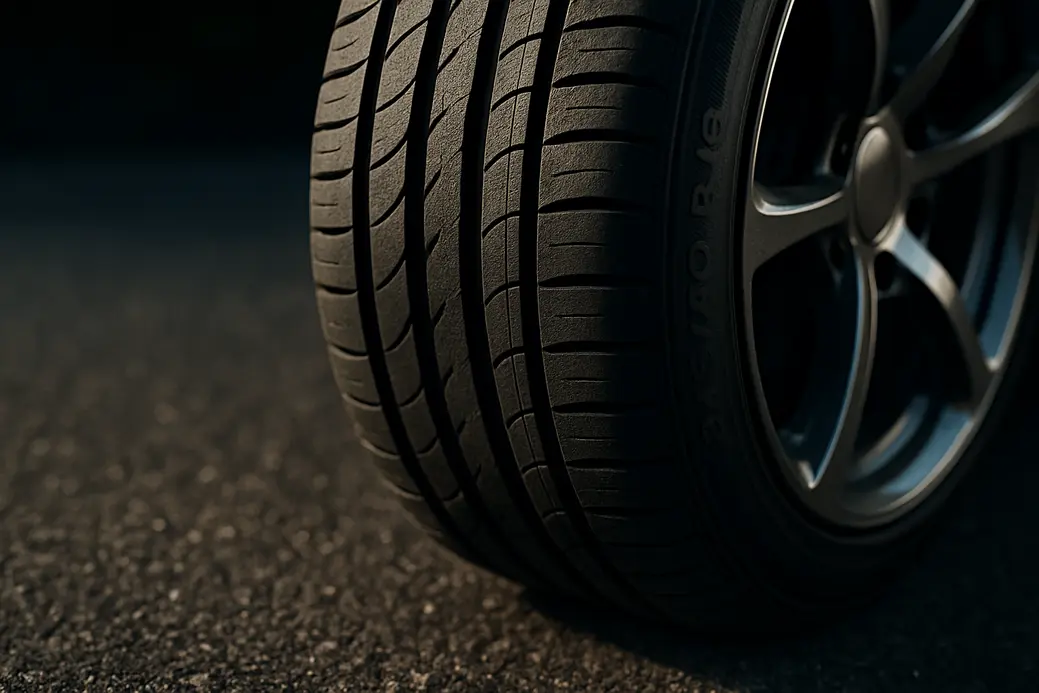 Close-up macro photo of a single car tire 245/40 R18 mounted on a vehicle, showing clear tire tread and side profile with a blurred coarse asphalt background emphasizing correct tire inflation.