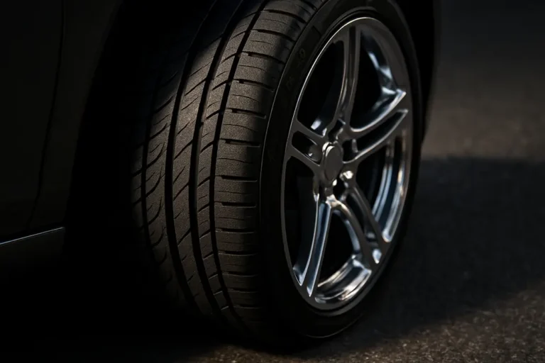 Close-up foto van een enkele 255/35 R19 autoband gemonteerd op een autovelg, met duidelijke rubbertextuur en contactvlak met het asfalt, gefotografeerd vanaf zijkant met scherpe focus en dramatische verlichting.