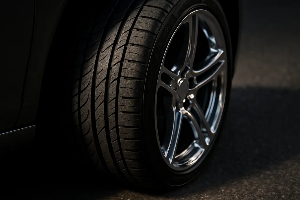 Close-up foto van een enkele 255/35 R19 autoband gemonteerd op een autovelg, met duidelijke rubbertextuur en contactvlak met het asfalt, gefotografeerd vanaf zijkant met scherpe focus en dramatische verlichting.