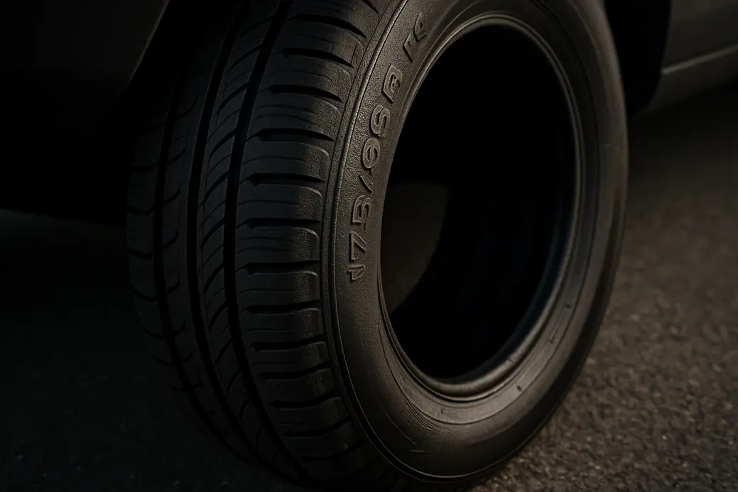 Close-up photo of a single 175 65 R tire mounted on a vehicle, showing detailed rubber texture, tread pattern, and sidewall profile on a neutral asphalt background