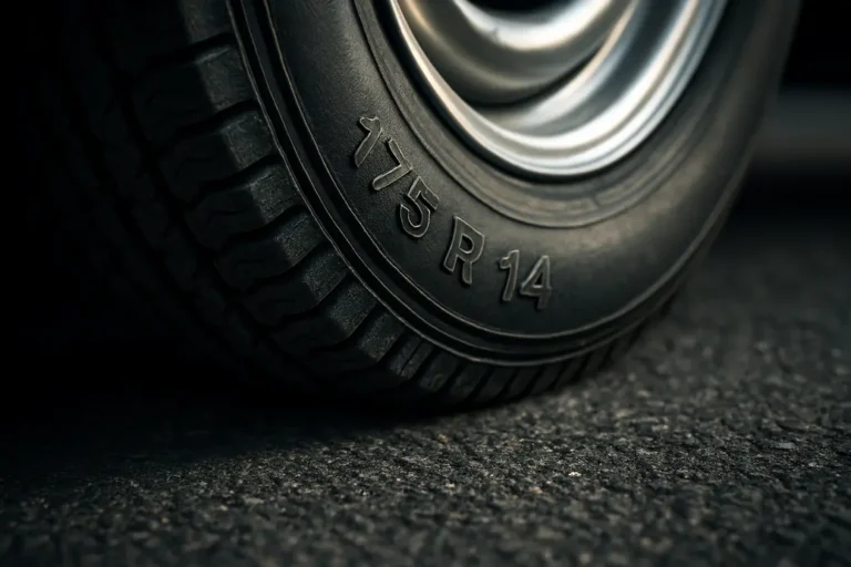 Close-up macro photograph of a single 175 R 14 car tire mounted on a vehicle, showing detailed rubber texture and tread pattern in contact with a coarse asphalt surface, with a subtle visible deformation on the tire indicating air pressure tension.