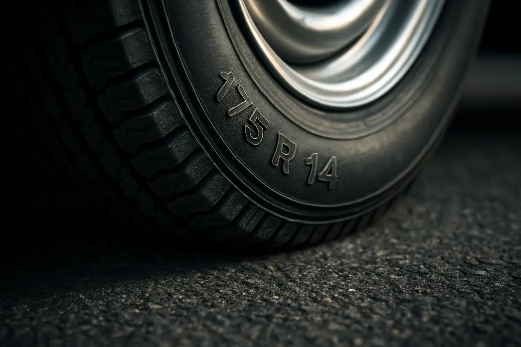 Close-up macro photograph of a single 175 R 14 car tire mounted on a vehicle, showing detailed rubber texture and tread pattern in contact with a coarse asphalt surface, with a subtle visible deformation on the tire indicating air pressure tension.