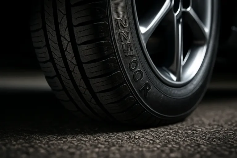 Macro foto van een enkele 225 60 R autoband gemonteerd op een auto, scherp gefocust op het rubberprofiel en de zijwandtextuur, met de band die contact maakt met het grove asfalt ondergrond.