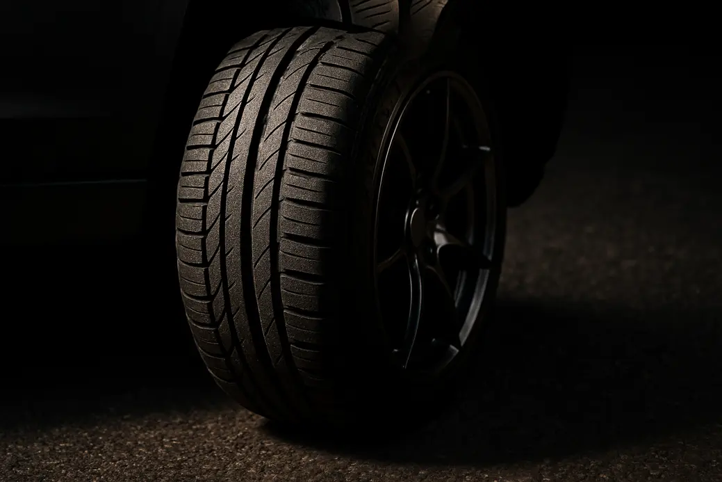 Close-up photo of a single 225/35 R18 car tire mounted on a vehicle, showing detailed rubber texture and tire tread in contact with asphalt surface, emphasizing tire pressure importance for safety and comfort