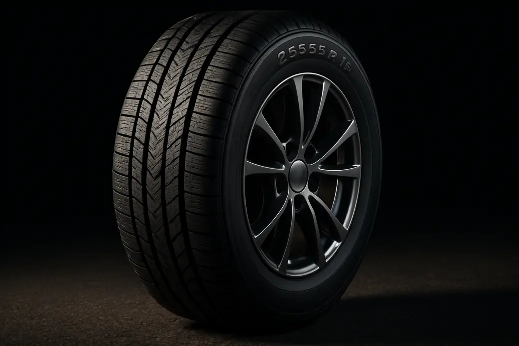 Close-up macro photograph of a single car tire size 255 55 R 18 mounted on an automotive wheel rim, showing detailed rubber texture, tread pattern, perfect fit on the rim, with coarse asphalt visible at the bottom and a studio or asphalt background