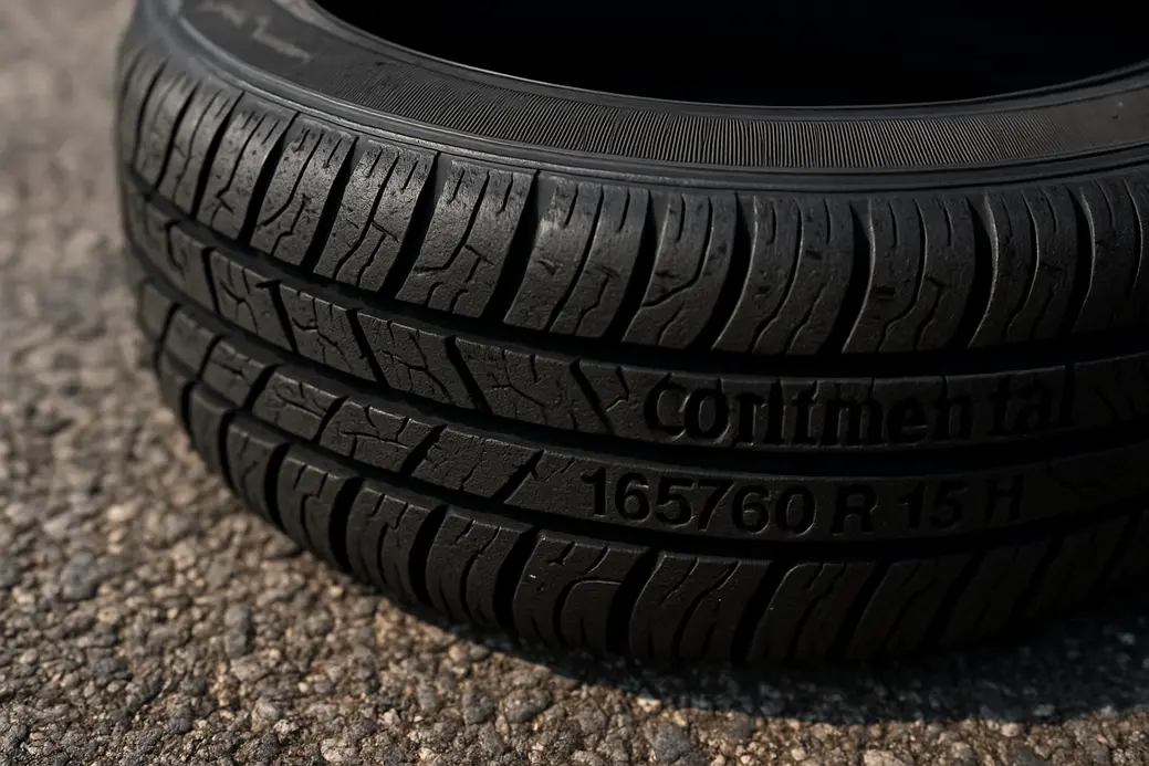 Macro photograph of a single Continental 165 60 R 15 H tire mounted on a car, showing detailed tread pattern and vulcanized rubber texture in contact with a coarse asphalt road surface under natural lighting.