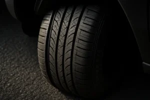 Close-up macro photo of a single 225 55 R17 car tire mounted on a vehicle, showing detailed rubber texture, tread pattern, and contact with coarse asphalt surface