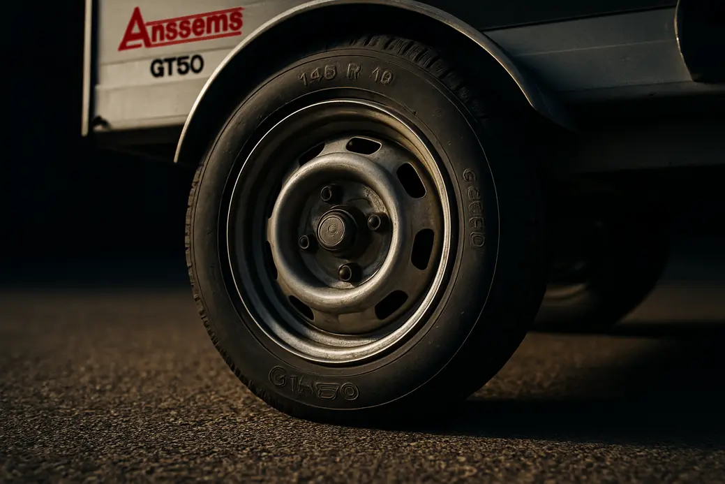 Close-up photo of a single Anssems GT750 145 R 13 trailer tire mounted on an axle, showing slight rubber deformation and tire contact with coarse asphalt surface from low-angle perspective