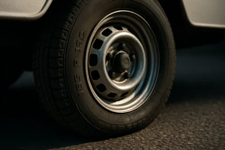 Macro close-up photo of a single caravan tire 155 R 13 C mounted on a caravan, showing detailed tread and rubber texture with subtle deformation on a coarse asphalt road surface