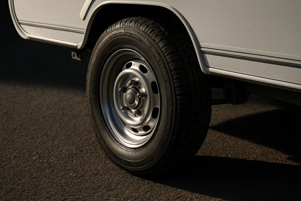 Close-up photo of a single caravan tire mounted on a caravan, showing detailed tread pattern and rubber texture on coarse asphalt surface