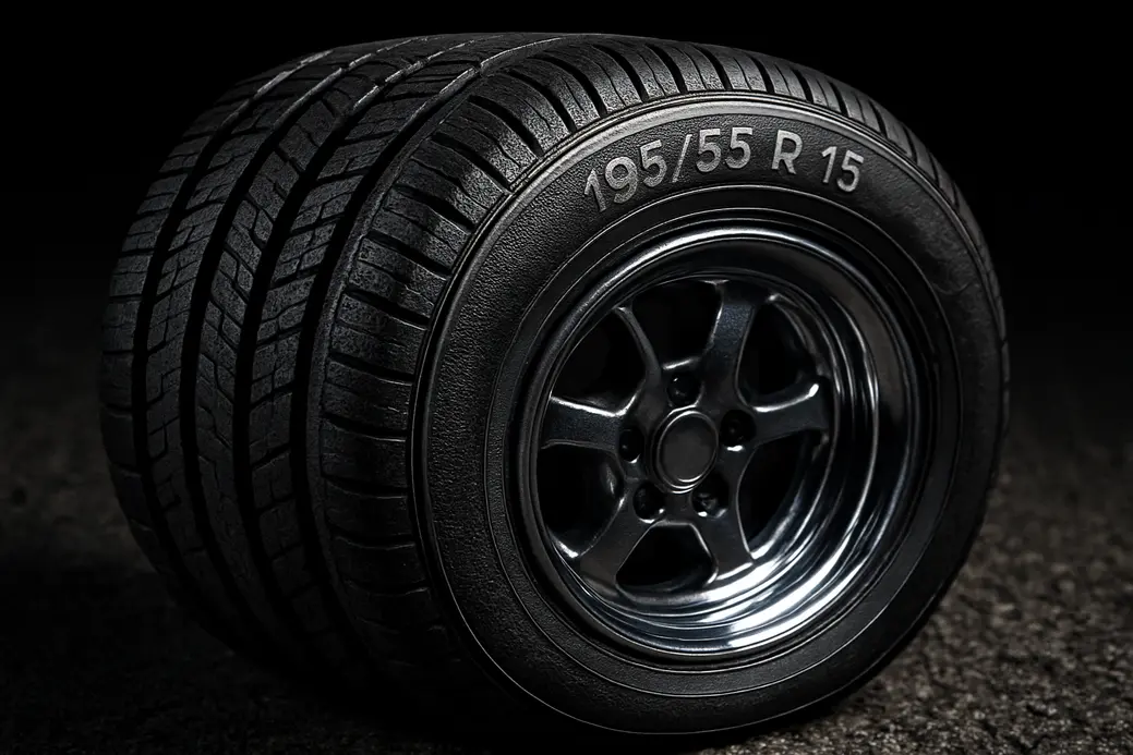 Close-up macro photograph of a single caravan tire size 195 55 R 15 mounted on a rim, showing detailed tread pattern and sidewall textures, resting on realistic coarse asphalt surface with rim reflections and dramatic side lighting.