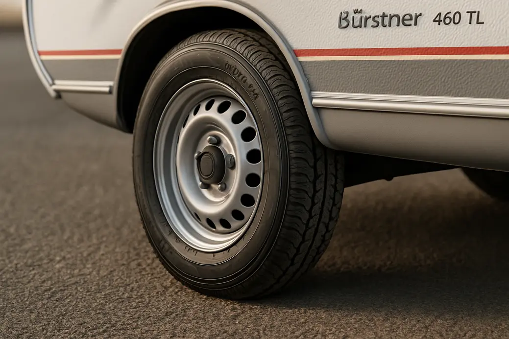 Close-up photo of a single 185 R14 caravan tire mounted on a Burstner 460TL caravan, showing detailed tire tread and rubber texture in contact with realistic asphalt surface, part of the caravan body visible