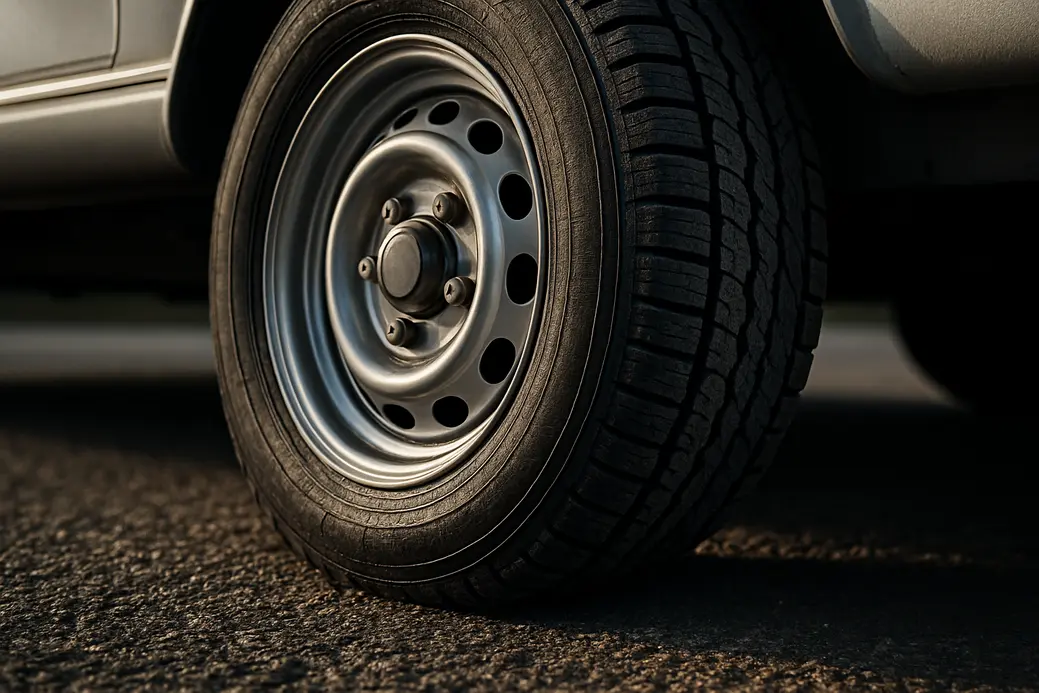 Close-up macro photo of a single caravan tire mounted on a wheel, showing detailed rubber tread and deformation on coarse asphalt surface under proper inflation pressure.