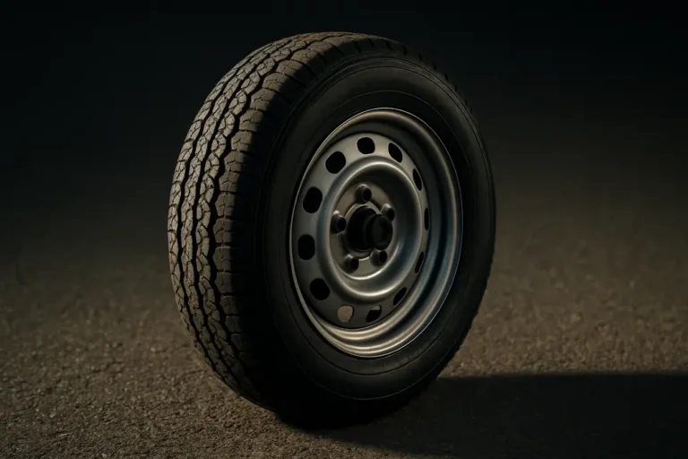 Close-up photo of a single caravan tire mounted on a steel rim with detailed rubber tread texture, resting on a coarse asphalt ground.