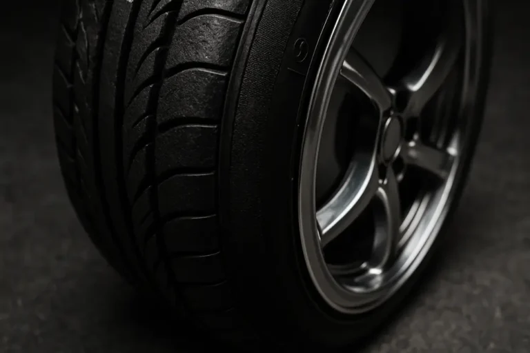 Close-up macro photograph of a tire properly mounted on an 18 inch metal rim, focusing on the exact fit between the tire rubber and the rim edge with a neutral background