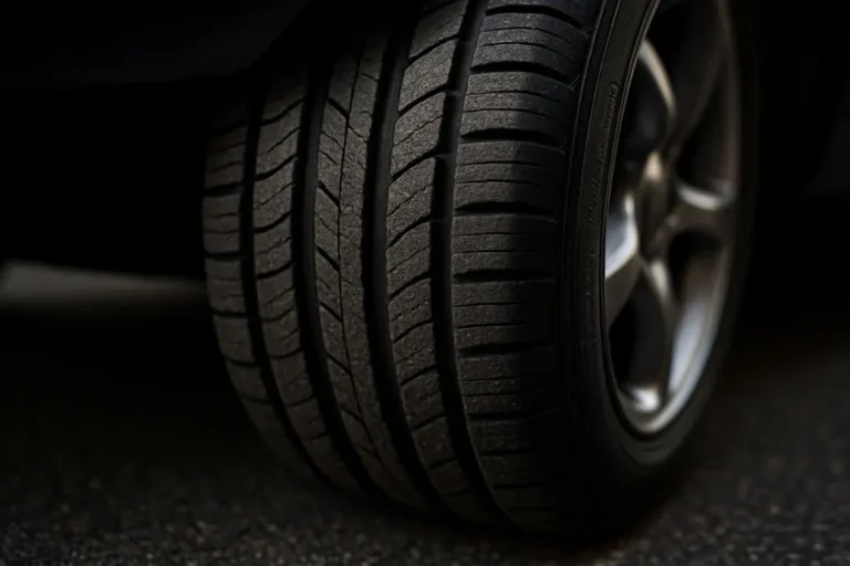 Close-up macro photograph of a single car tire mounted on a vehicle, showing detailed rubber tread and sidewall texture against a coarse asphalt background