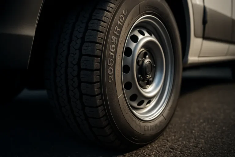 Macro photo of a single 235/65 R16 camper tire mounted on a camper, showing detailed vulcanized rubber tread and contact patch on coarse asphalt, neutral background