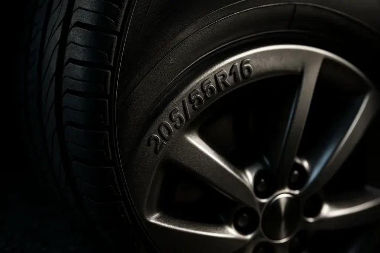 Close-up photo of a single car tire mounted on a vehicle, showing the clear tire size inscription on the textured sidewall, detailed tread pattern, and coarse asphalt ground beneath