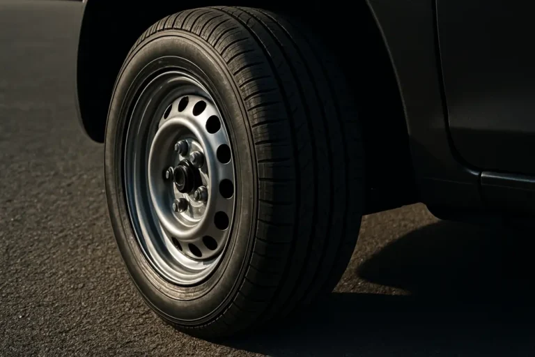Close-up low-angle macro photograph of a single car tire mounted on a vehicle, showing detailed tread profile, rim reflections, and part of the car body against a coarse asphalt background