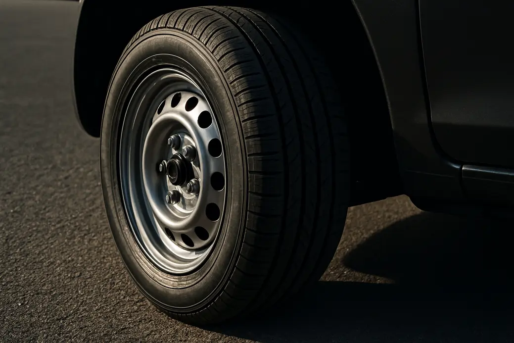 Close-up low-angle macro photograph of a single car tire mounted on a vehicle, showing detailed tread profile, rim reflections, and part of the car body against a coarse asphalt background
