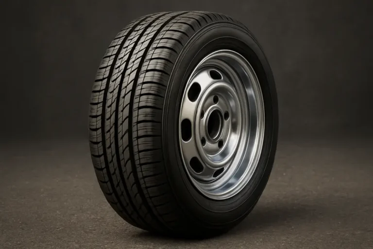Close-up photograph of a single car tire mounted on a metal rim, showing detailed rubber texture and rim reflections against a coarse asphalt floor background