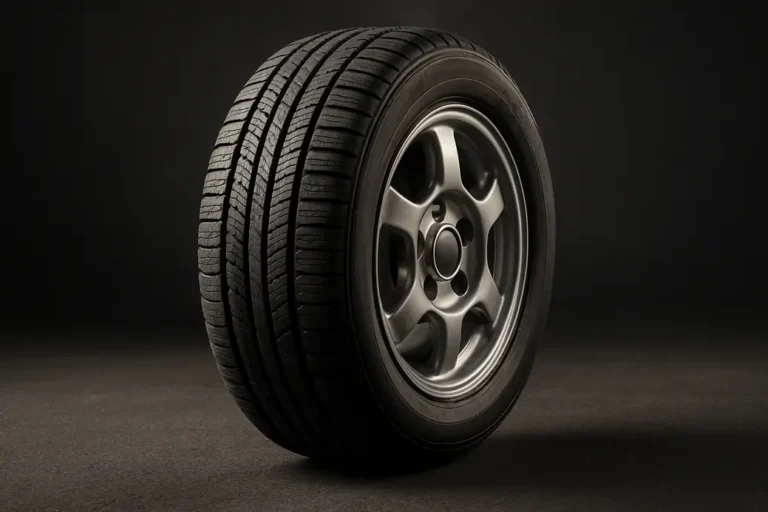 Close-up of a single car tire mounted on a 15 inch rim, showing detailed tread pattern and vulcanized rubber texture, shot from a low angle with asphalt background