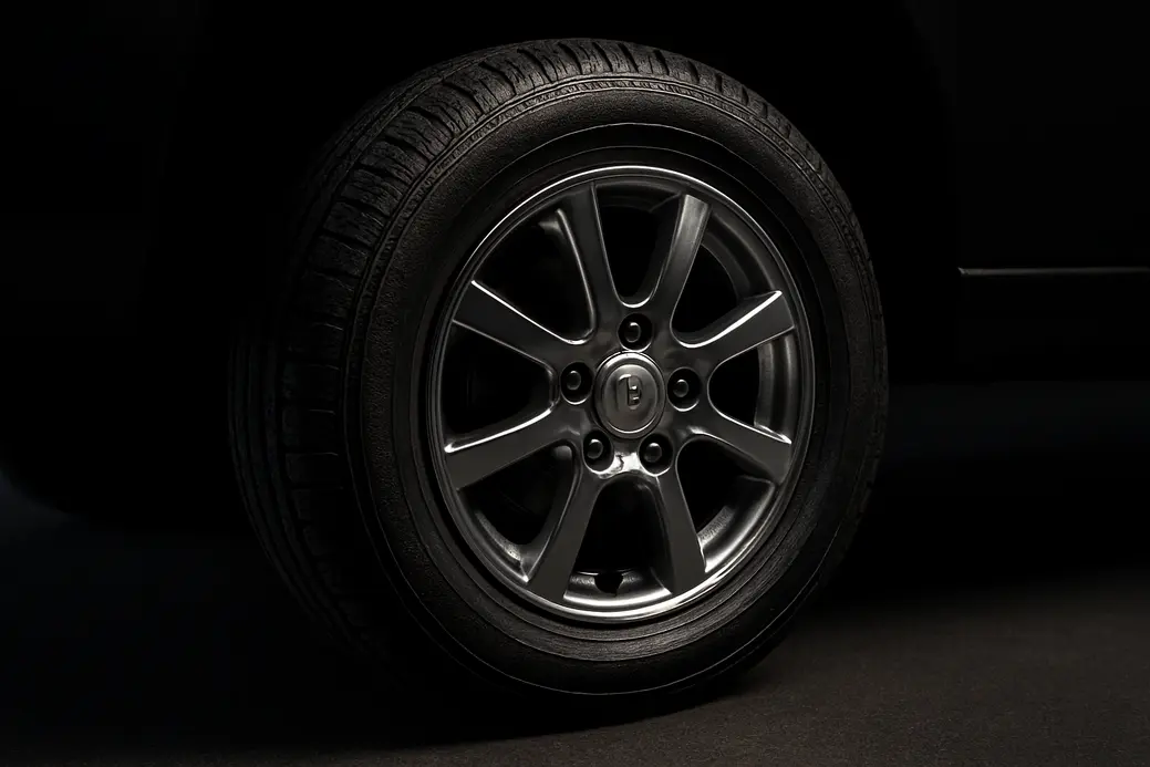 Close-up photograph of a single 16 inch car wheel mounted on a vehicle, focusing on the tire fitting perfectly on the metal rim with detailed textures and a coarse asphalt background