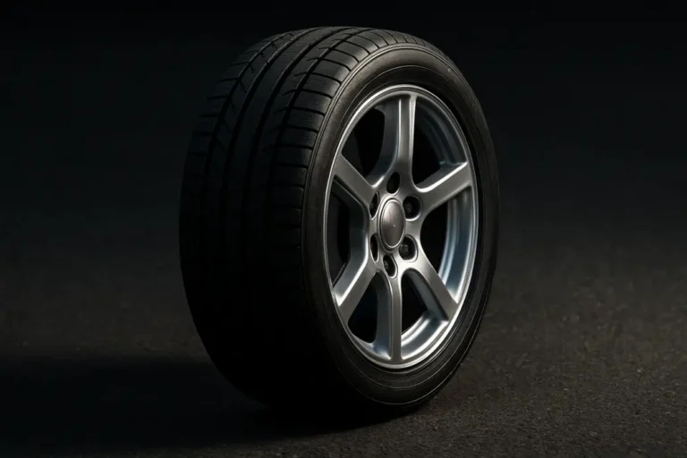 Close-up macro photo of a single tire mounted on a 17 inch rim with focus on the tire tread and rim details, placed centrally on a coarse asphalt surface