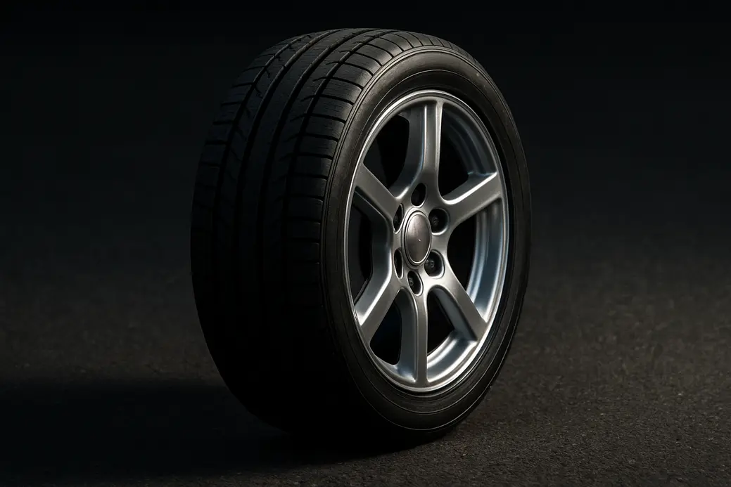 Close-up macro photo of a single tire mounted on a 17 inch rim with focus on the tire tread and rim details, placed centrally on a coarse asphalt surface