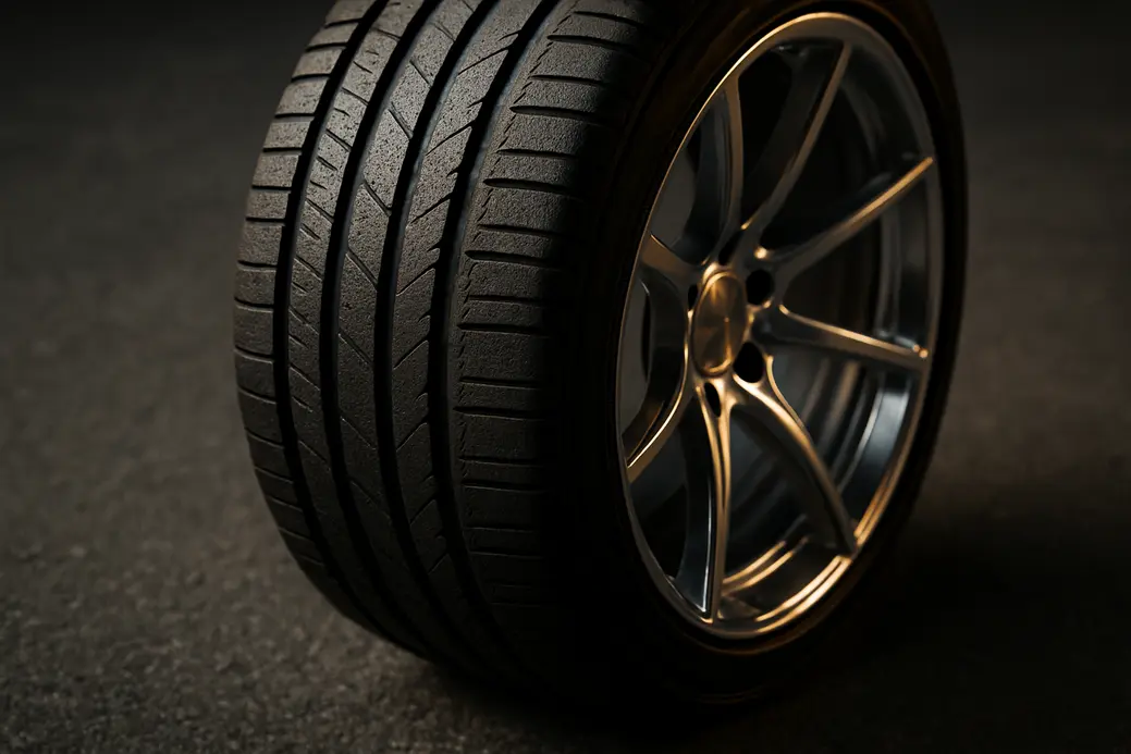 Macrofoto van een 19 inch autovelg met een correct passende band, met een scherpe weergave van het contactvlak tussen band en velg, waarbij de band op een ruwe asfaltvloer staat.