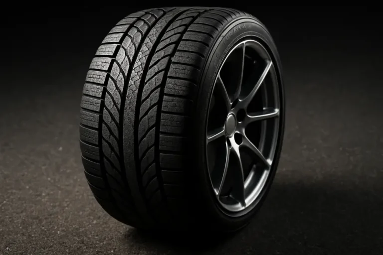 Macro photo of a single mounted 20 inch car tire showing detailed rubber tread and part of the alloy rim, placed centrally on a coarse asphalt or neutral studio surface with sharp focus on textures
