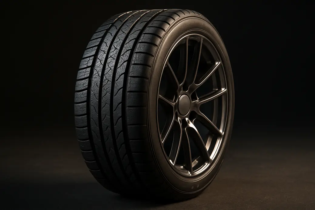 Macro close-up photorealistic photo of a single tire mounted on a 21 inch rim showing detailed rubber texture and tread pattern, with metallic rim reflections against a neutral studio or coarse asphalt background.