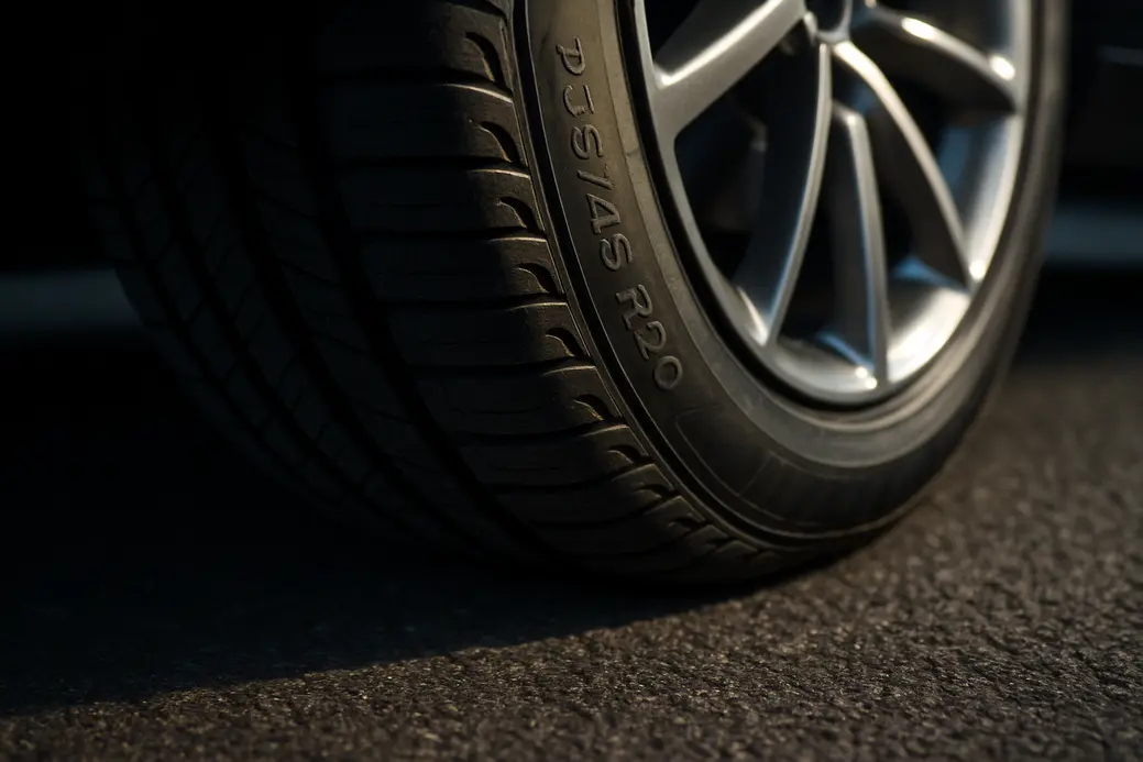 Close-up photo of a single 235 45 R20 car tire mounted on a vehicle, showing detailed tread and contact patch on coarse asphalt with side lighting