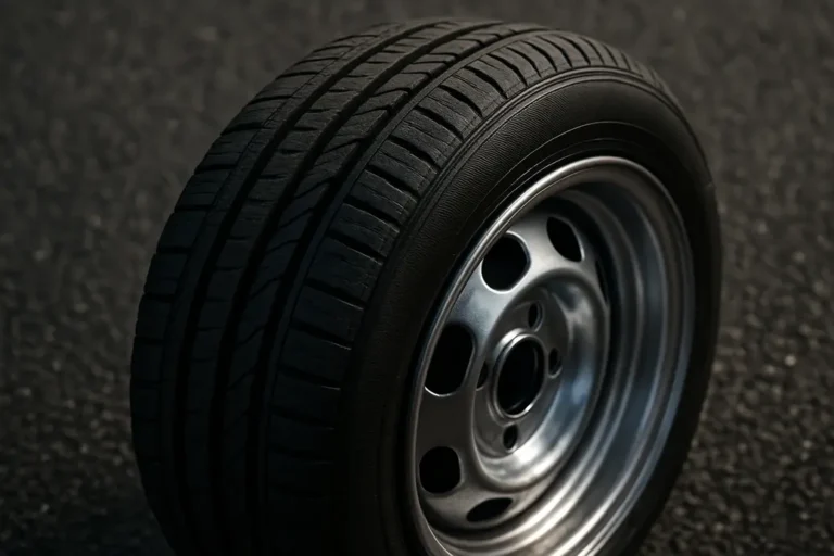 Macro close-up photograph of a single car tire perfectly mounted on a 6j rim, showing the distinctive J-shaped rim edge with detailed tire tread and sidewall texture against a coarse asphalt surface.