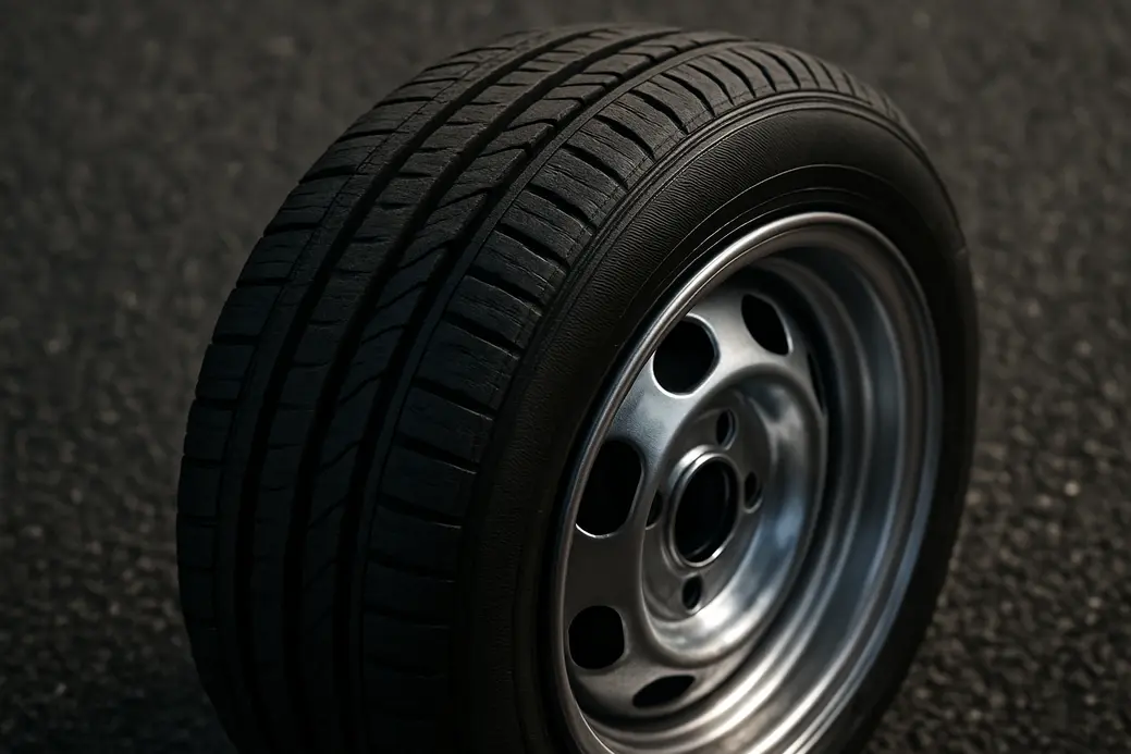 Macro close-up photograph of a single car tire perfectly mounted on a 6j rim, showing the distinctive J-shaped rim edge with detailed tire tread and sidewall texture against a coarse asphalt surface.
