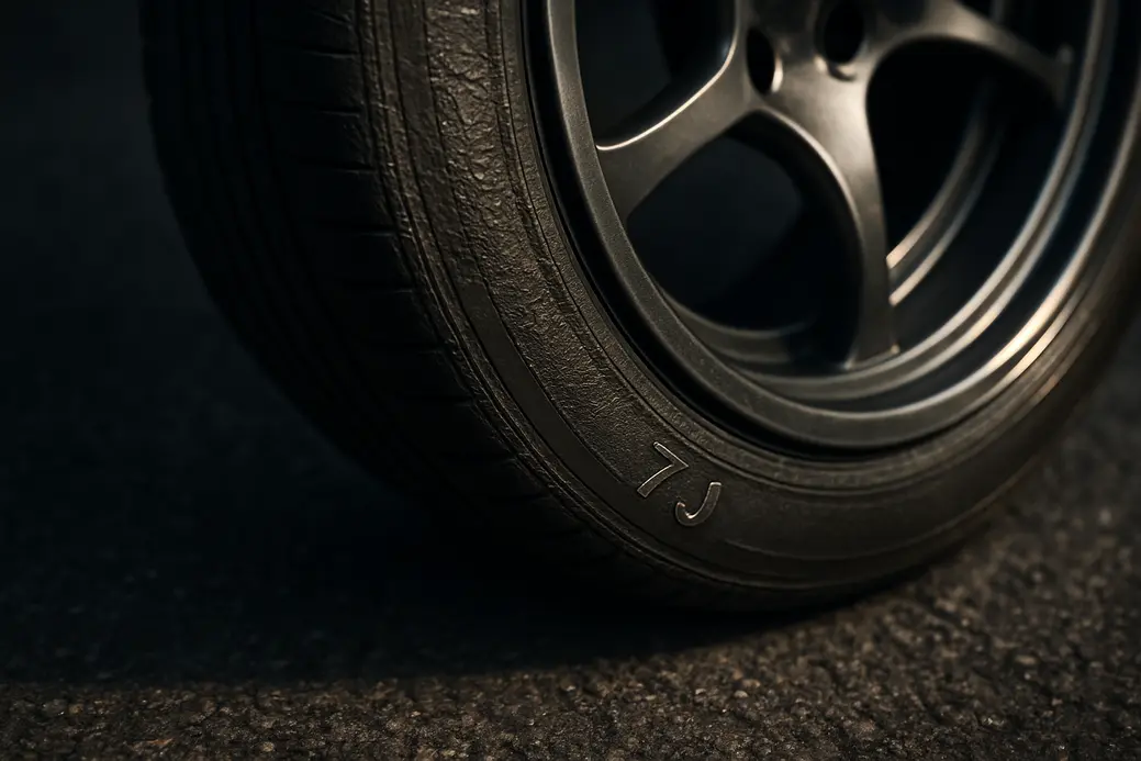 Close-up macro photograph of a single car tire mounted on a 7j rim, showing detailed vulcanized rubber texture, precise fit on the rim flange, with a coarse asphalt background