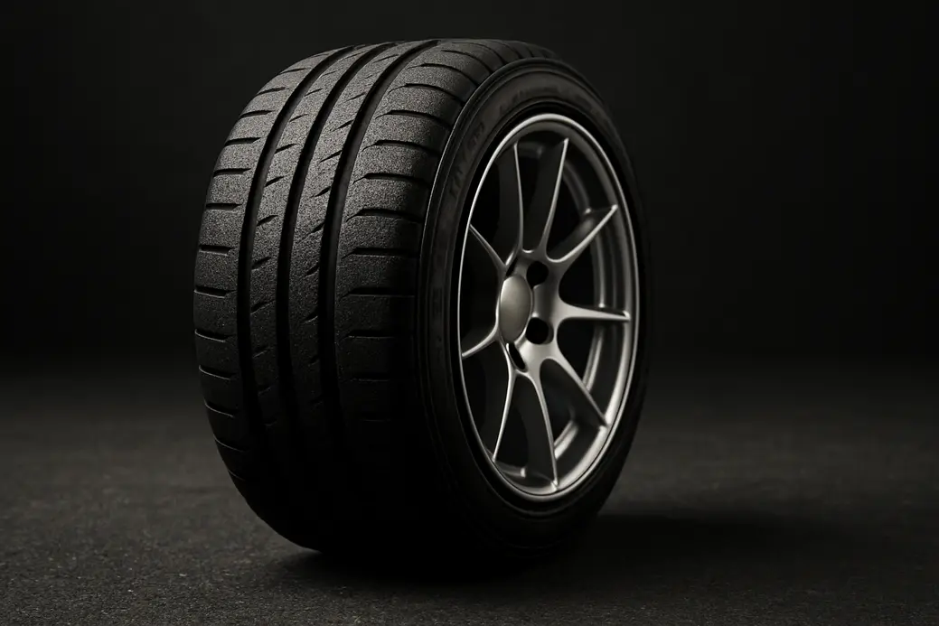 Close-up macro photo of a single tire mounted on an 8J rim, showing detailed rubber profile and rim edge with neutral blurred background