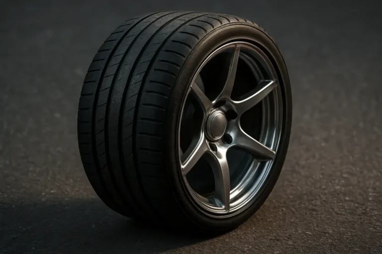 Close-up photo of a single car tire mounted on an 8.5J rim, showing detailed tread and rim edge with asphalt background
