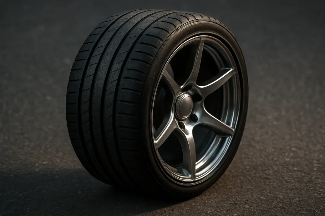 Close-up photo of a single car tire mounted on an 8.5J rim, showing detailed tread and rim edge with asphalt background