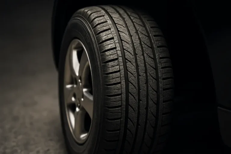 Close-up macro photo of a single car tire mounted on a car, showing detailed tread profile and subtle aging cracks on the vulcanized rubber, against a blurred asphalt or studio background.