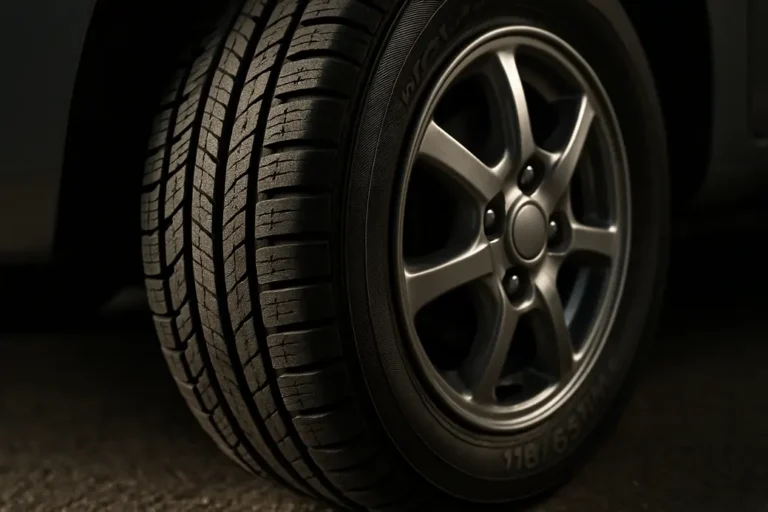 Close-up photo of a single 175 65 R14 car tire mounted on a 14 inch rim attached to a vehicle, showing detailed tread texture and contact with coarse asphalt surface