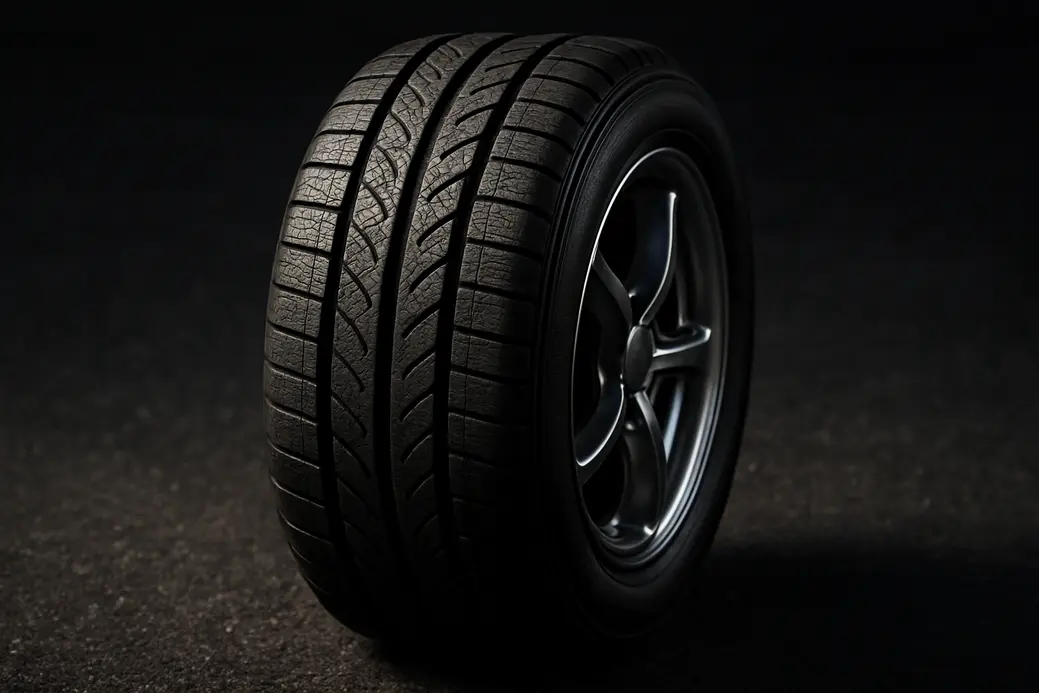 Close-up macro photograph of a single car tire mounted on a vehicle, showing detailed vulcanized rubber tread and sidewall texture, with the rim clearly visible, set against a realistic asphalt or studio background.