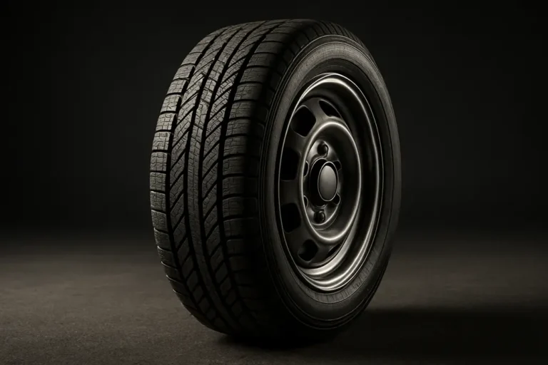 Close-up photo of a single car tire mounted on a vehicle, showing detailed rubber texture, tread pattern, and rim, with coarse asphalt or studio background highlighting the tire's sidewall height to width ratio