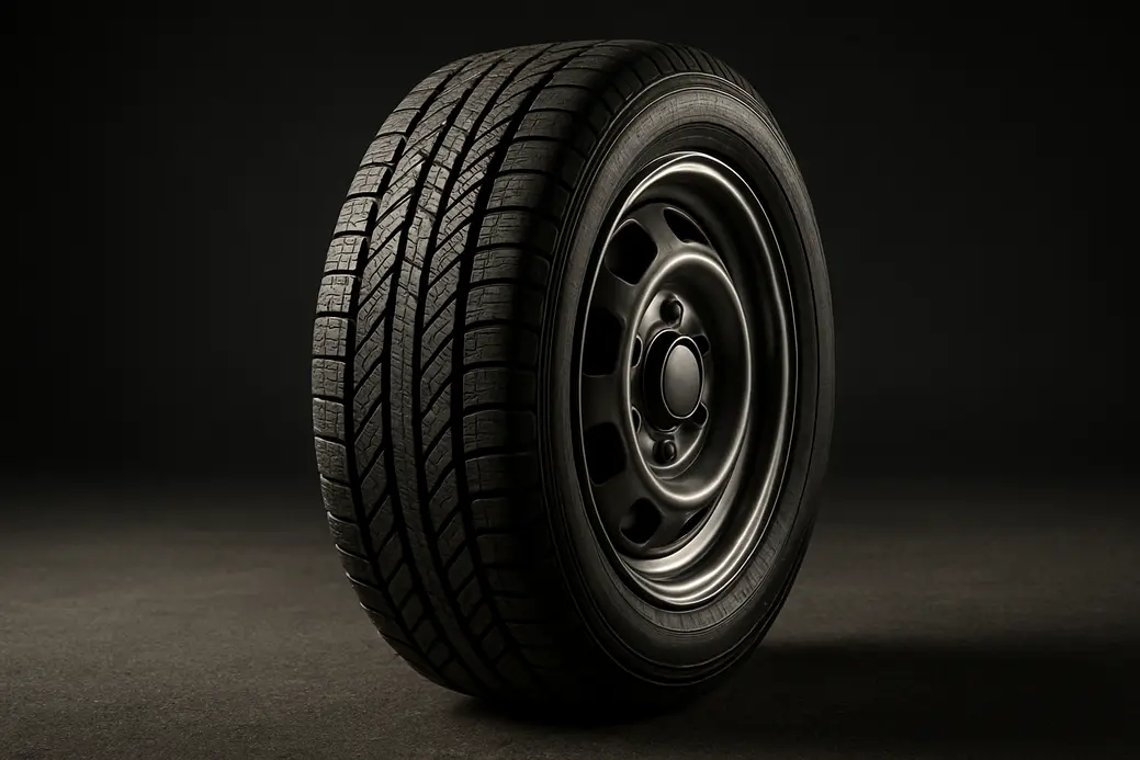 Close-up photo of a single car tire mounted on a vehicle, showing detailed rubber texture, tread pattern, and rim, with coarse asphalt or studio background highlighting the tire's sidewall height to width ratio
