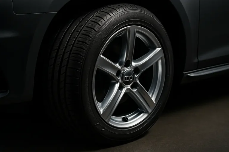 Close-up macro photograph of a single Audi A4 car wheel mounted on the car, detailed rubber tread and sidewall, polished alloy rim, car body parts around the wheel, asphalt or studio floor background