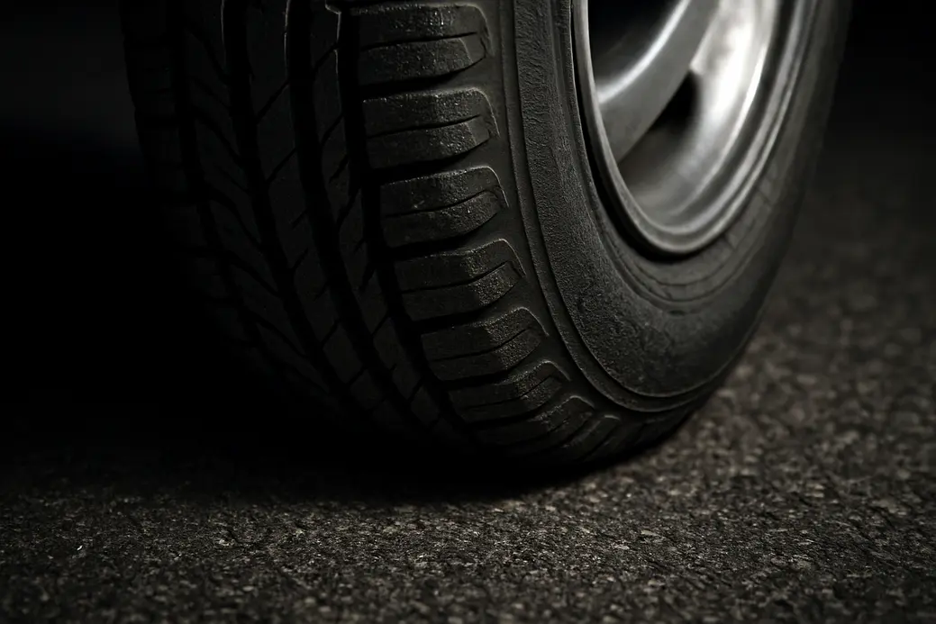 Close-up macro photograph of a car tire showing subtle deformation around the wheel edge as it contacts coarse asphalt, emphasizing loose grip through detailed vulcanized rubber texture and shallow depth of field