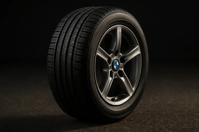 Close-up macro photo of a single vulcanized car tire mounted on a BMW rim, showing detailed rubber tread and sidewall texture with clear rim reflections, resting on coarse asphalt background.